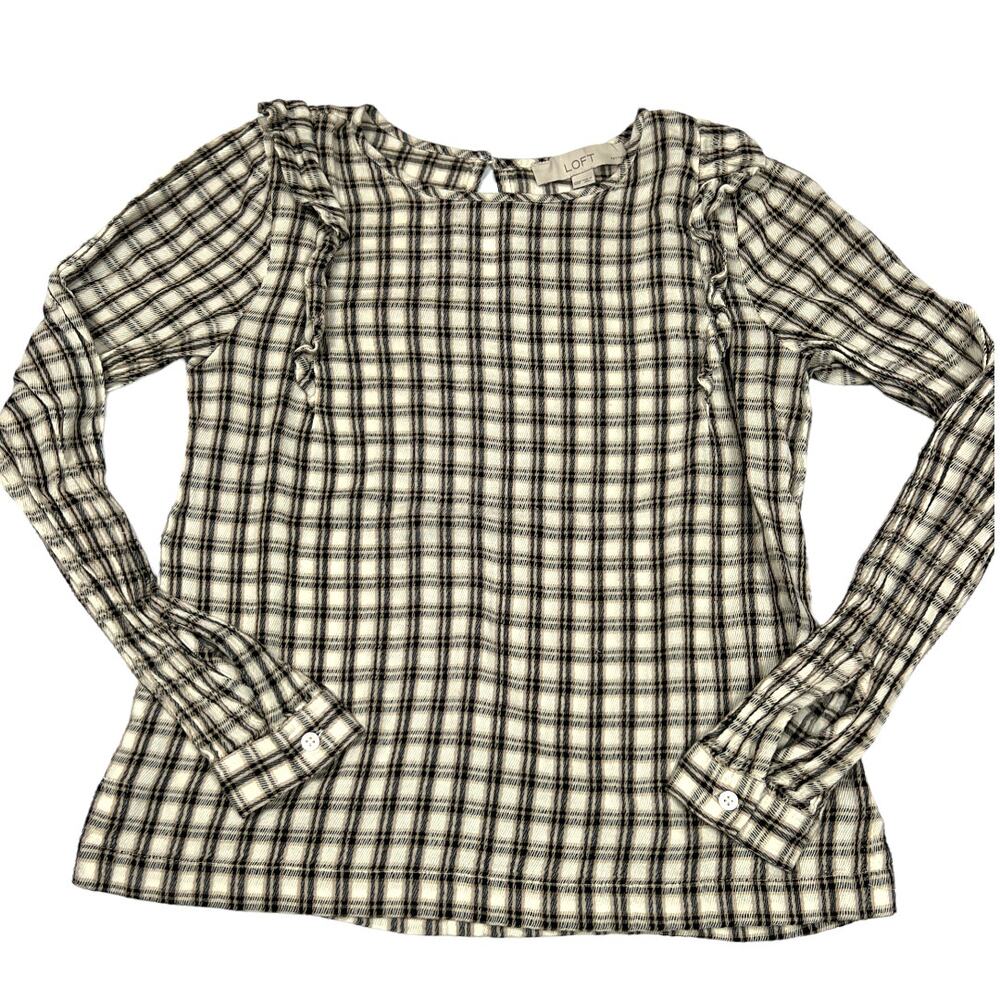 LOFT Blouse Plaid Print Ruffle Womens Black Cream XXS Petite Cotton Keyhole Back
